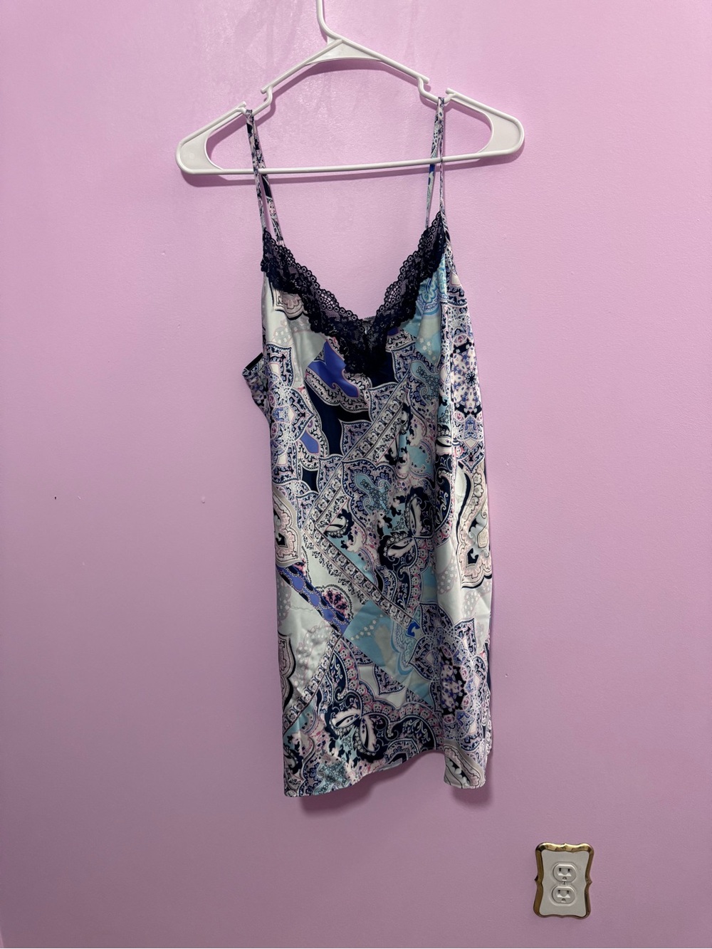 Secret Treasures Navy and Light Blue Paisley Satin Slip with navy Lace